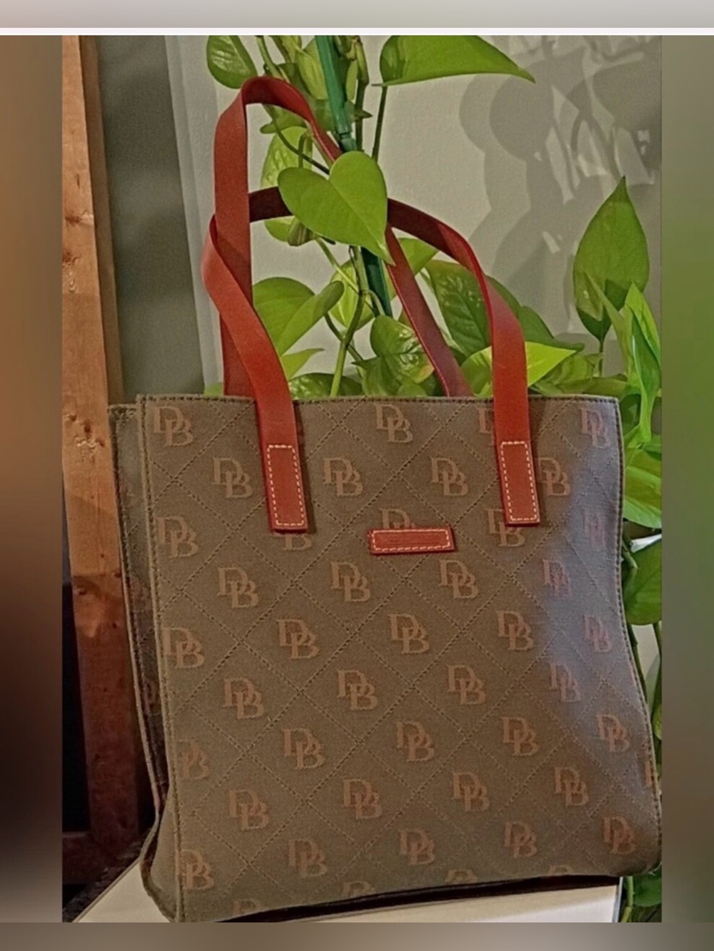 Dooney & Bourke Brown Logo Tote with Red-Tan Handles